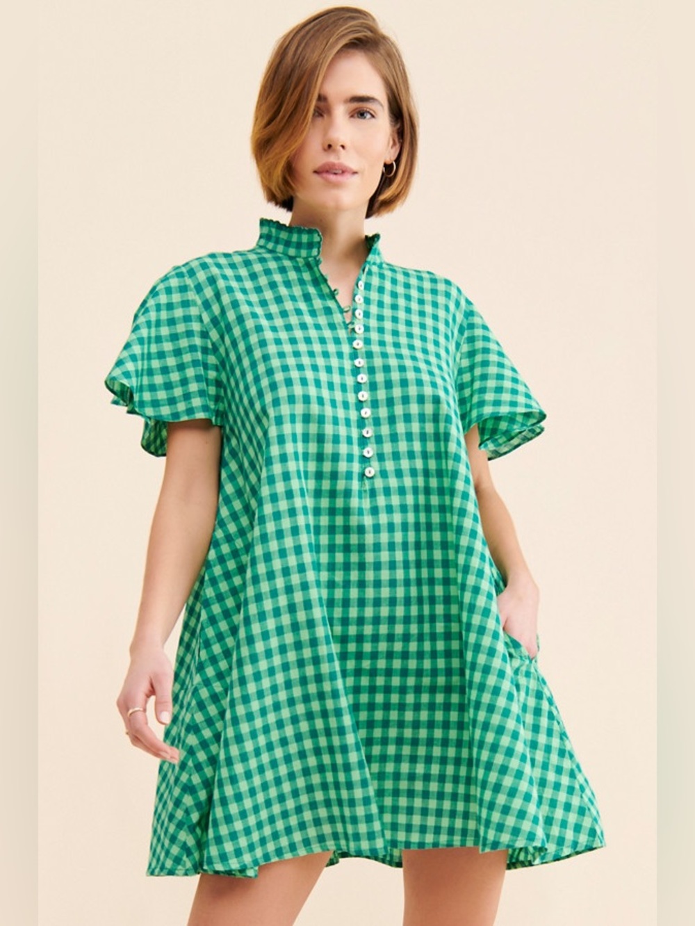 Kinga Csilla Minty Mini Green Gingham Cotton Swingy Mini Dress Pockets XS